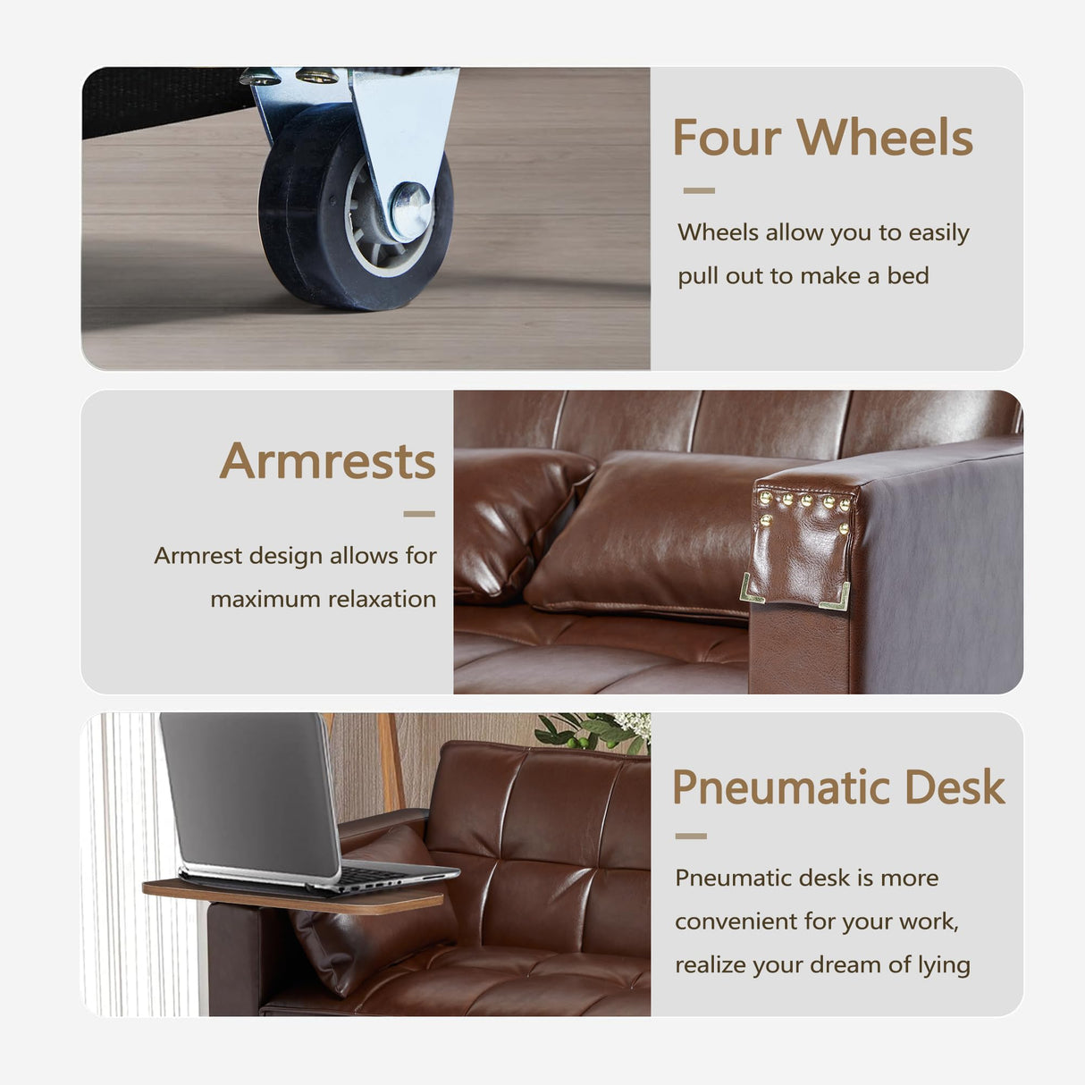 ORRD Convertible Sofa Bed, 3-in-1 Multi-Functional Faux Leather Sleeper Couch Pull-Out Bed, 48'' Loveseat Bed Chaise Lounge with Adjustable Backrest and Hidden Side Table for Living Room, Small Space ORRD