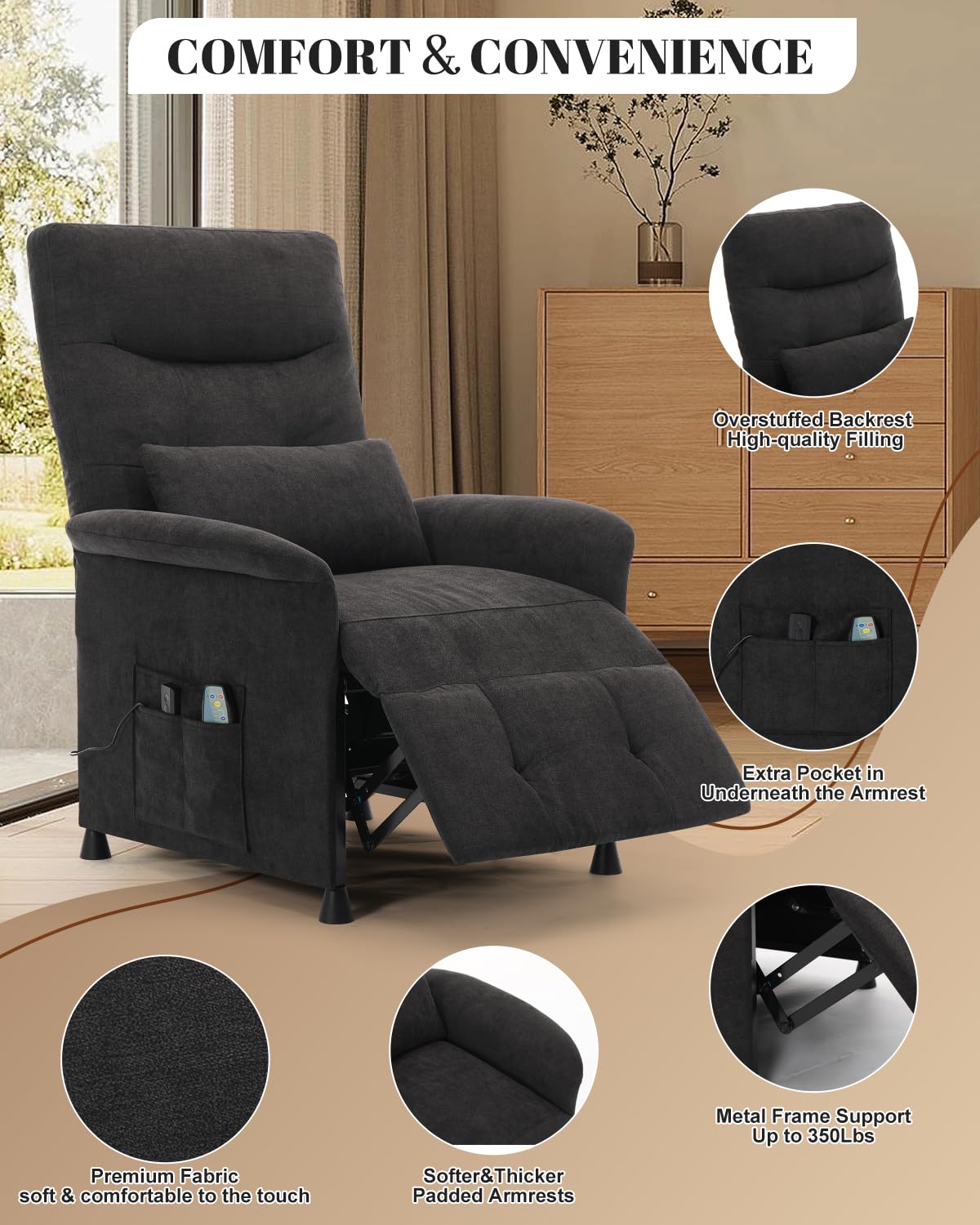 Power Recliner Chair for Adults – Heated Massage, Vibration, Electric Reclining Sofa with Side Pocket & Remote, Adjustable Recliner for Living Room or Home Theater Seating (Premium, Black) NBBOTBOT