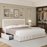 Keyluv Full Upholstered LED Bed Frame with 4 Drawers, Velvet Platform Storage Bed with Adjustable Button Tufted Headboard and Solid Wooden Slats Support, No Box Spring Needed, Beige Keyluv