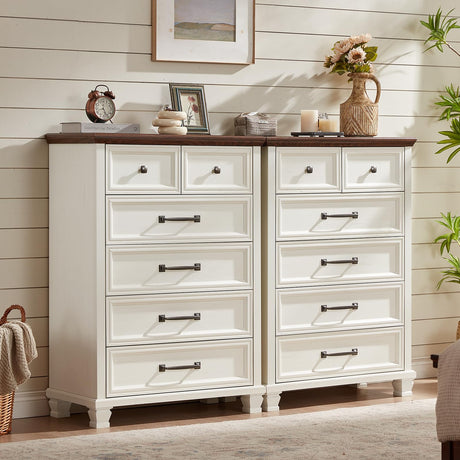 SAVOR LIFE Farmhouse 6 Drawer Dresser for Bedroom, 45 Inch Tall Vintage Wood Chest of Drawers, Rustic Dressers w/Square Wooden Legs, Mid-Century Storage Organizer for Living Room, Hallway, White SAVOR LIFE