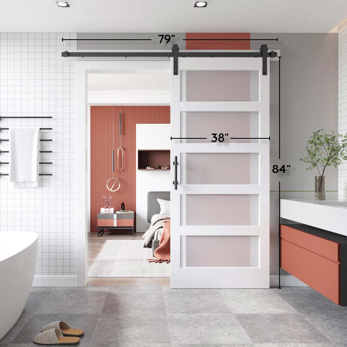 EaseLife 38in x 84in Glass Barn Door with 6.6FT Sliding Door Hardware Kit Included & Handle,Solid LVL Wood Covered with Water-Proof & Scratch-Resistant PVC Surface,DIY Assembly,5-Panel Glass,White EaseLife