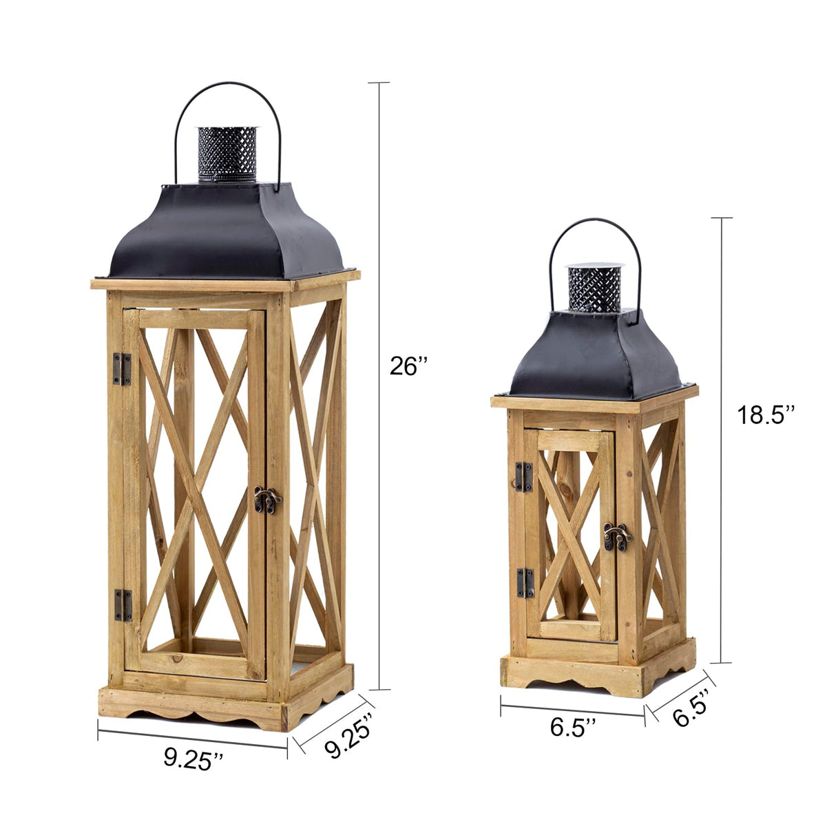 Venalys Farmhouse Wooden Metal Candle Lantern Set of 2, Rustic Large Decorative Floor Lanterns, Indoor/Outdoor Hurricane Lantern for Home Decor (No Glass) Venalys