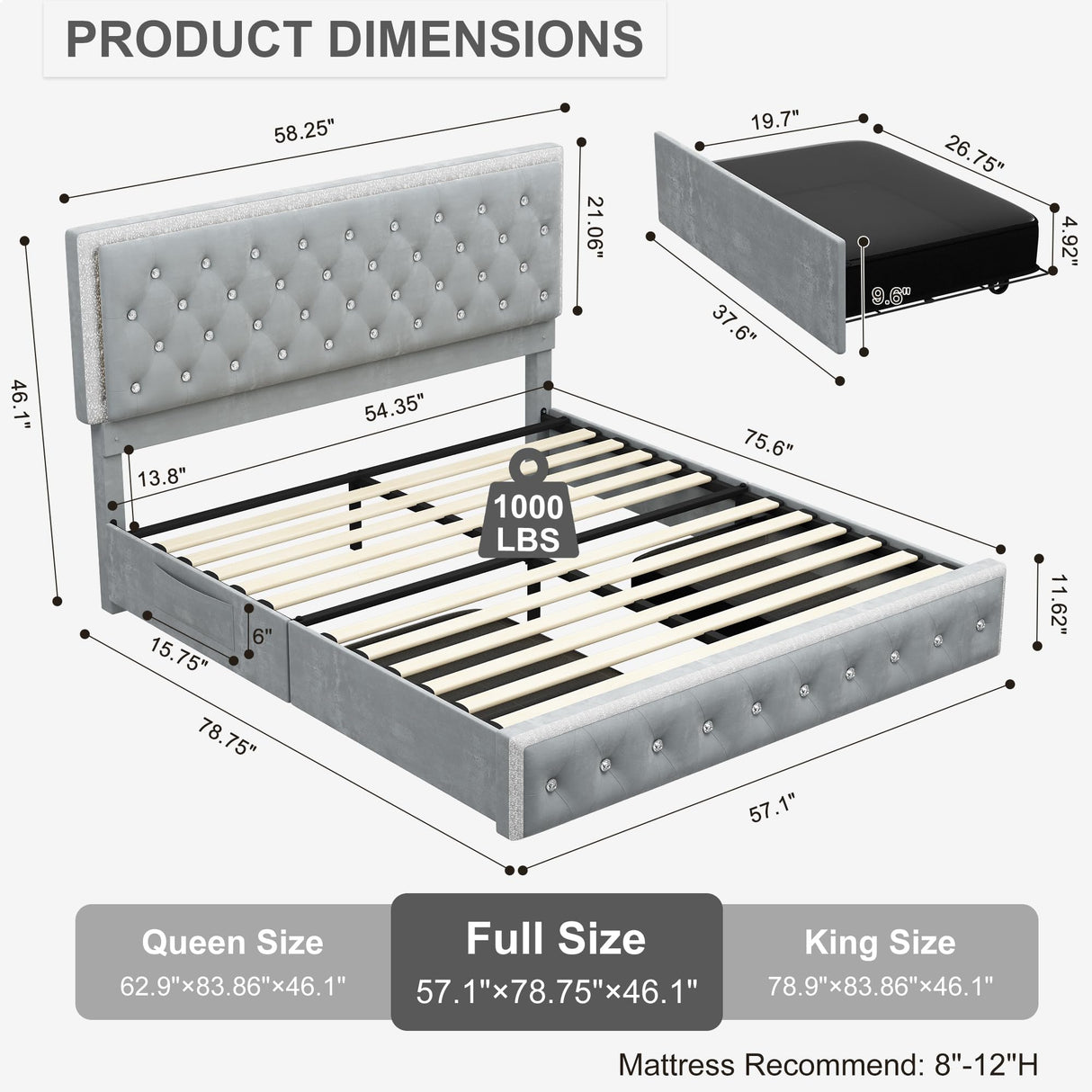 Torana Full LED Bed Frame with 2 Drawers, Soft Velvet Platform Bed with Diamond Tufted Headboard Footboard and 2 Side Pockets, Mattress Foundation with Wooden Slats Support, No Box Spring Needed, Grey Torana