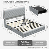 Torana Full LED Bed Frame with 2 Drawers, Soft Velvet Platform Bed with Diamond Tufted Headboard Footboard and 2 Side Pockets, Mattress Foundation with Wooden Slats Support, No Box Spring Needed, Grey Torana