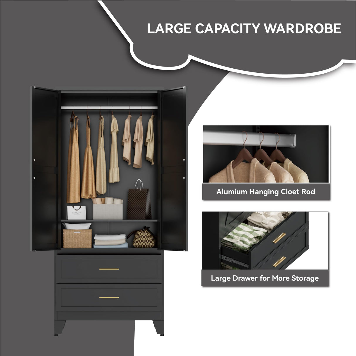 Black Metal Wardrobe Cabinet for Bedroom, 71" Freestanding Closet System with Drawers and Shelves, Hanging Rod Clothing Organizer with Two Doors, Farmhouse Steel Wardrobe Bedroom Armoires Bevivog