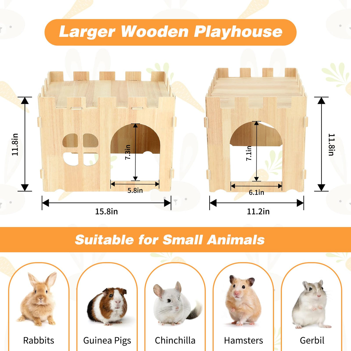 BWOGUE Large Wooden Rabbit House and Hideouts Bunny Castle Detachable Small Animal Play Hideaway Rabbit Hideout Cage Accessories for Indoor Adult Rabbit Guinea Pig Chinchilla Habitat BWOGUE
