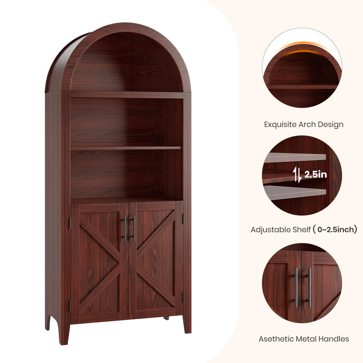 GarveeHome Arched Bookcase with Doors - 5-Tier Open Display Shelf, Modern Bookshelf Storage Cabinet for Home Office Living Room Library, Walnut GarveeHome