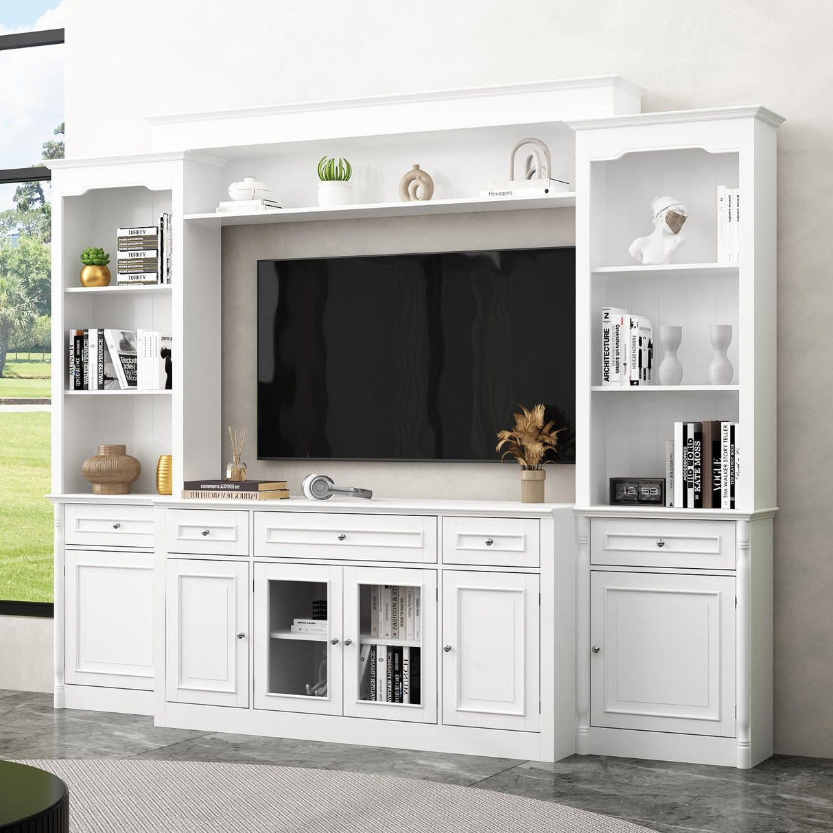 ECACAD 4-Piece Entertainment Center Wall Unit with Bookshelves for TVs up to 60", Multifunctional TV Stand Media Console Table with Glass Doors, Shelves, Drawers & Doors, White ECACAD