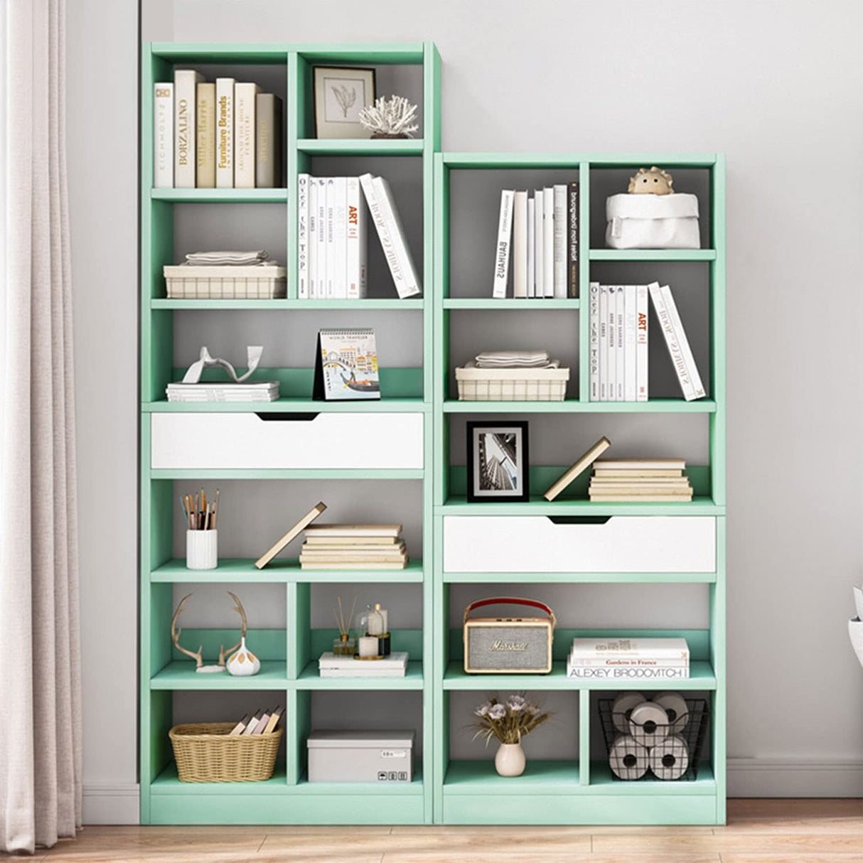 IOTXY Wooden Open Shelf Bookcase - 71 Inches Tall Freestanding Display Storage Cabinet Organizer with 10 Cubes and a Drawer, Floor Standing Bookshelf in Tiffany-Green IOTXY