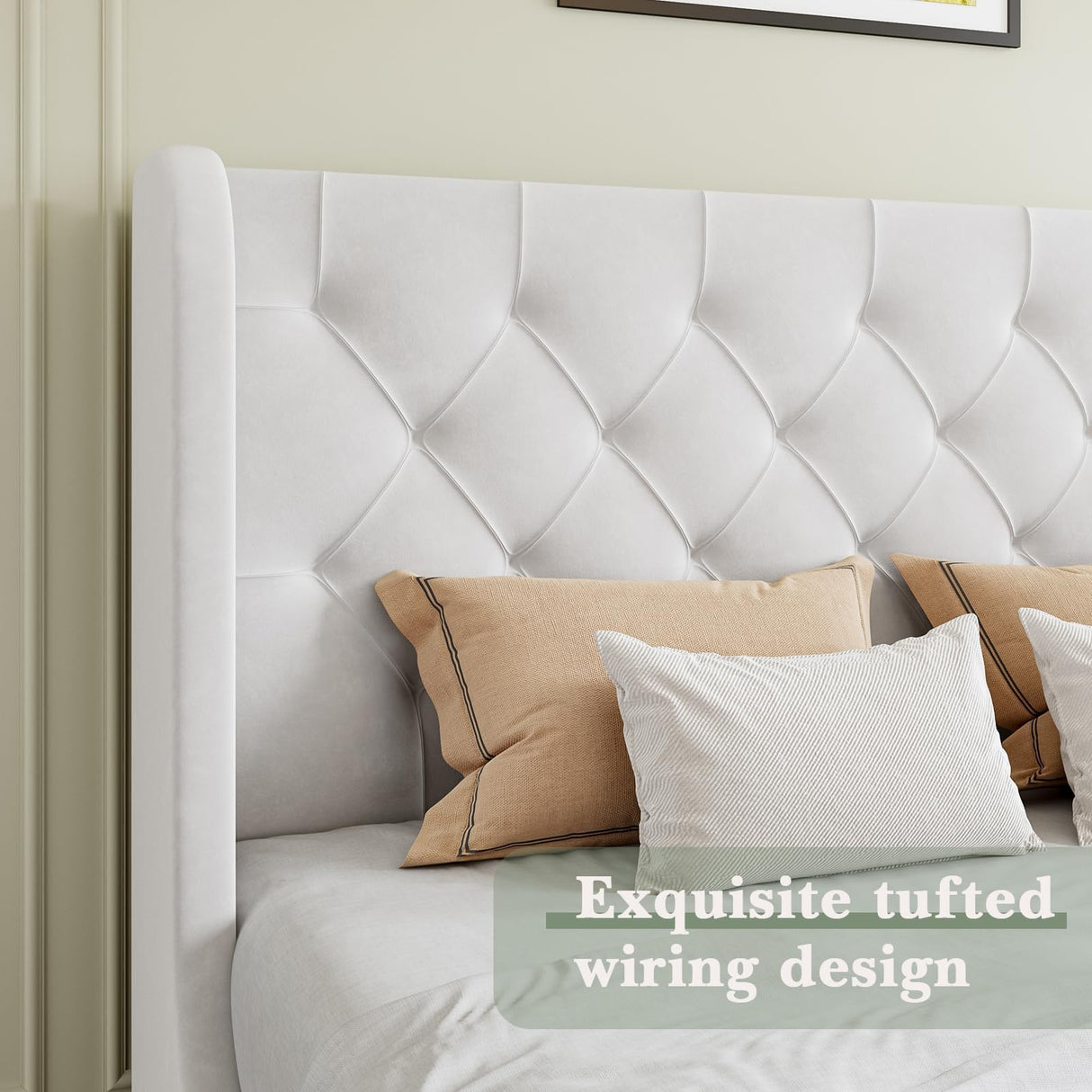 HOMBCK Queen Size Bed Frame, Upholstered Bed Frame Queen with Softly Curved Wings Velvet Tufted Headboard, Sturdy Wooden Slats Support, No Box Spring Required, Noise Free, Easy Assembly, White HOMBCK