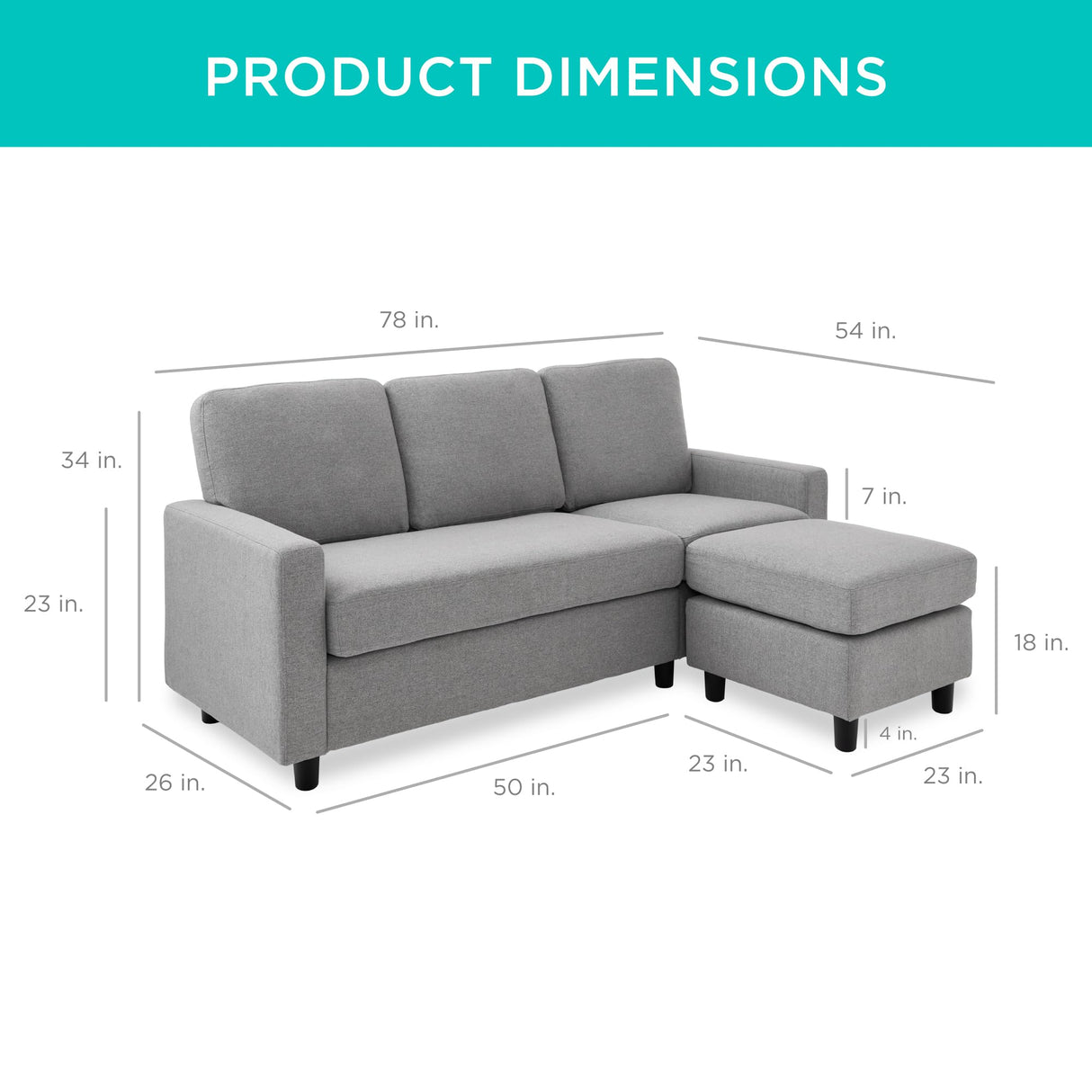 Best Choice Products Upholstered Sectional Sofa for Home, Apartment, Dorm, Bonus Room, Compact Spaces w/Chaise Lounge, 3-Seat, L-Shape Design, Reversible Ottoman Bench, 680lb Capacity - Light Gray Best Choice Products