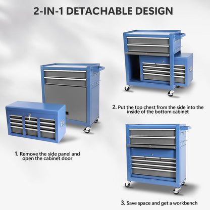 Tool Chest with 8 Drawers, 2-in-1 Mobile Steel Tool Cabinet Storage with Wheels & Lock, Tool Chest Organizer for Garage, Workshop, Home Crafts Use - WoodArtSupply