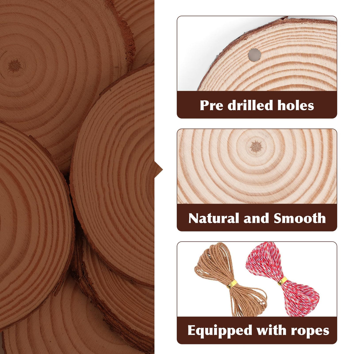100 Pack Nature Wood Slices for Crafts,2.4-2.8In Unfinished Natural Wood Rounds.Wood Circles Predrilled with Hole and 20m Rope for Wooden Craft Supplies,Painting,Christmas Ornaments,DIY Gifts VKIZA