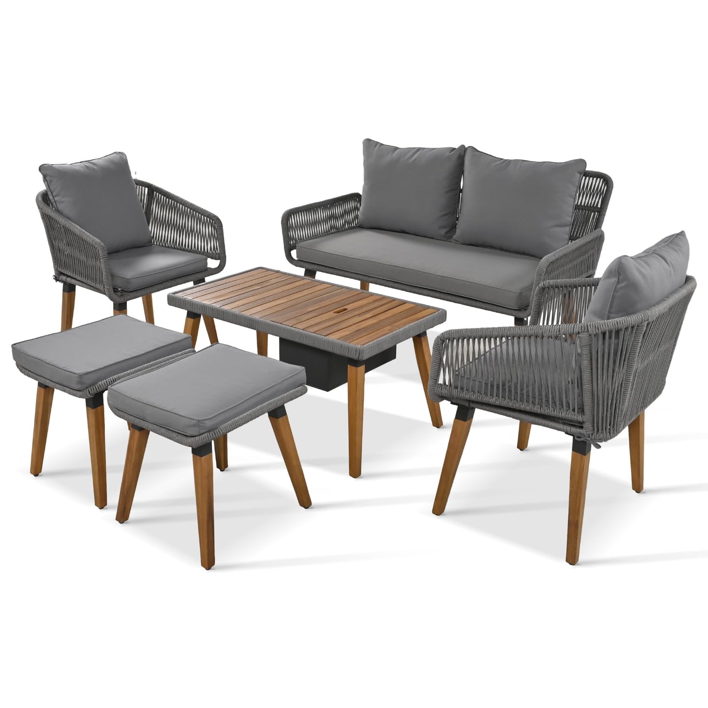 LUMISOL 6-Piece Grey Patio Furniture Set with Acacia Wood Cool Bar Table and Rope Seating - WoodArtSupply