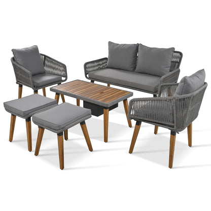 LUMISOL 6-Piece Grey Patio Furniture Set with Acacia Wood Cool Bar Table and Rope Seating - WoodArtSupply