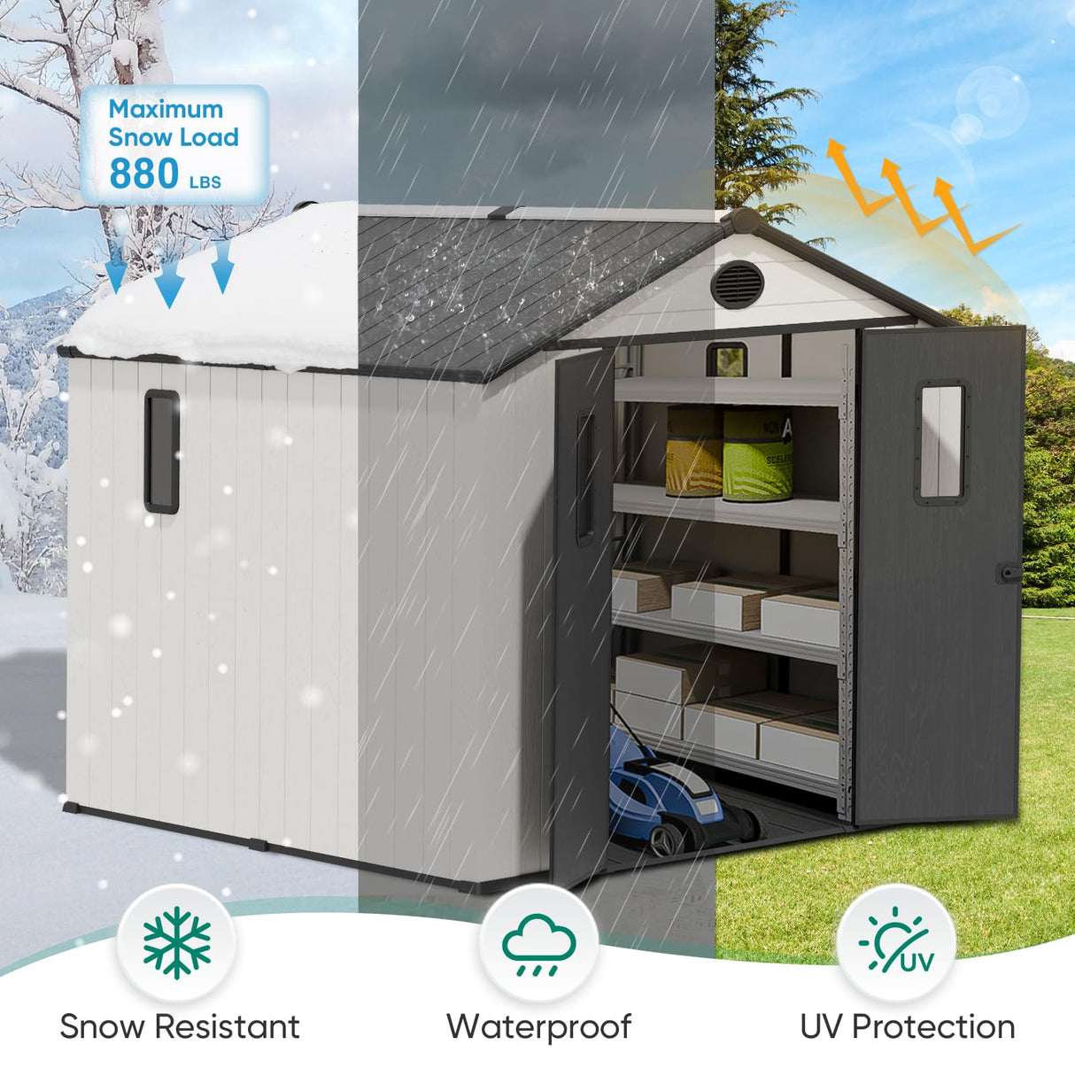 INTER HUT 8x6 Resin Outdoor Storage Shed with Floor, Plastic Tool Shed for Gardening, Patio, and Deck, White/Gray INTER HUT