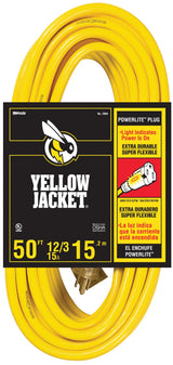 Yellow Jacket Heavy Duty Extension Cord, 50Ft, 12 Gauge, 3 Conductor, Lighted End, Weather Resistant, SJTW, Yellow, 2884 Yellow Jacket