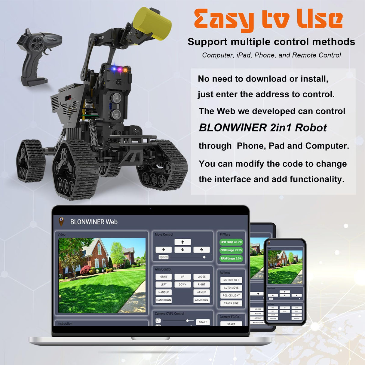 Smart Robot Kit, Robot Building Car kit for Raspberry Pi Python Coding, STEM Programming Robotic Arm Kit with Camera (Not Included Raspberry Pi Board) BLONWINER