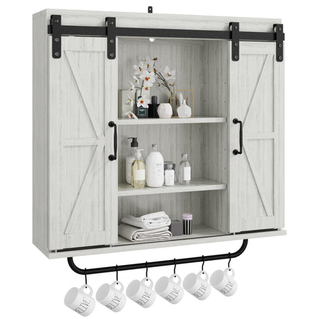 MATONELL Rustic Wood Wall Storage Cabinet with 2 Sliding Barn Doors, 3-Tier Vintage Farmhouse Shelf for Kitchen Bathroom Living Room, Decorative Gray Wall Mounted Cabinet MATONELL