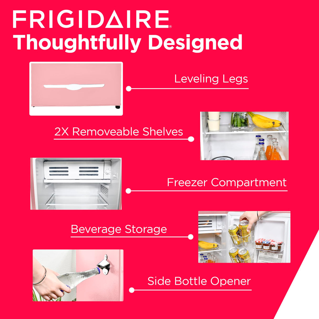 Frigidaire Retro Compact Fridge with Chiller, 3.2 cu ft Countertop Fridge with Built-In Bottle Opener, Compact Refrigerator for Office, Bedroom, Dorm Room or Cabin - 16.5"D x 19"W x 31"H (Pink) Frigidaire