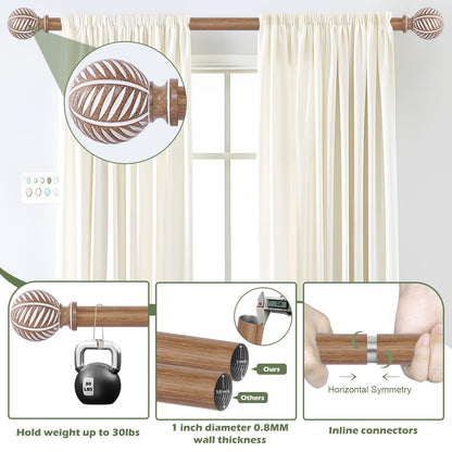 HTZON 2 Pack Wood Curtain Rods 28 to 48 Inch,1 Inch Boho Adjustable Curtain Rod,Imitation Wood Grain Leaf Window Curtains Rods,Farmhouse Rustic Heavy Duty Curtain Rods,Brown Drapery Rods Set 18-45"