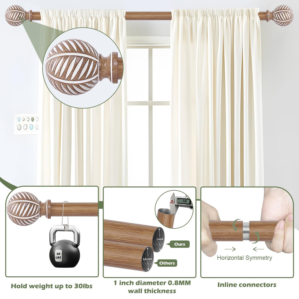 HTZON Wood Curtain Rods 48 to 84 Inch,1 Inch Boho Adjustable Curtain Rod,Imitation Wood Grain Leaf Decorative Window Curtain Rods,Farmhouse Rustic Heavy Duty Curtain Rods,Brown Drapery Rods 36-88" HTZON