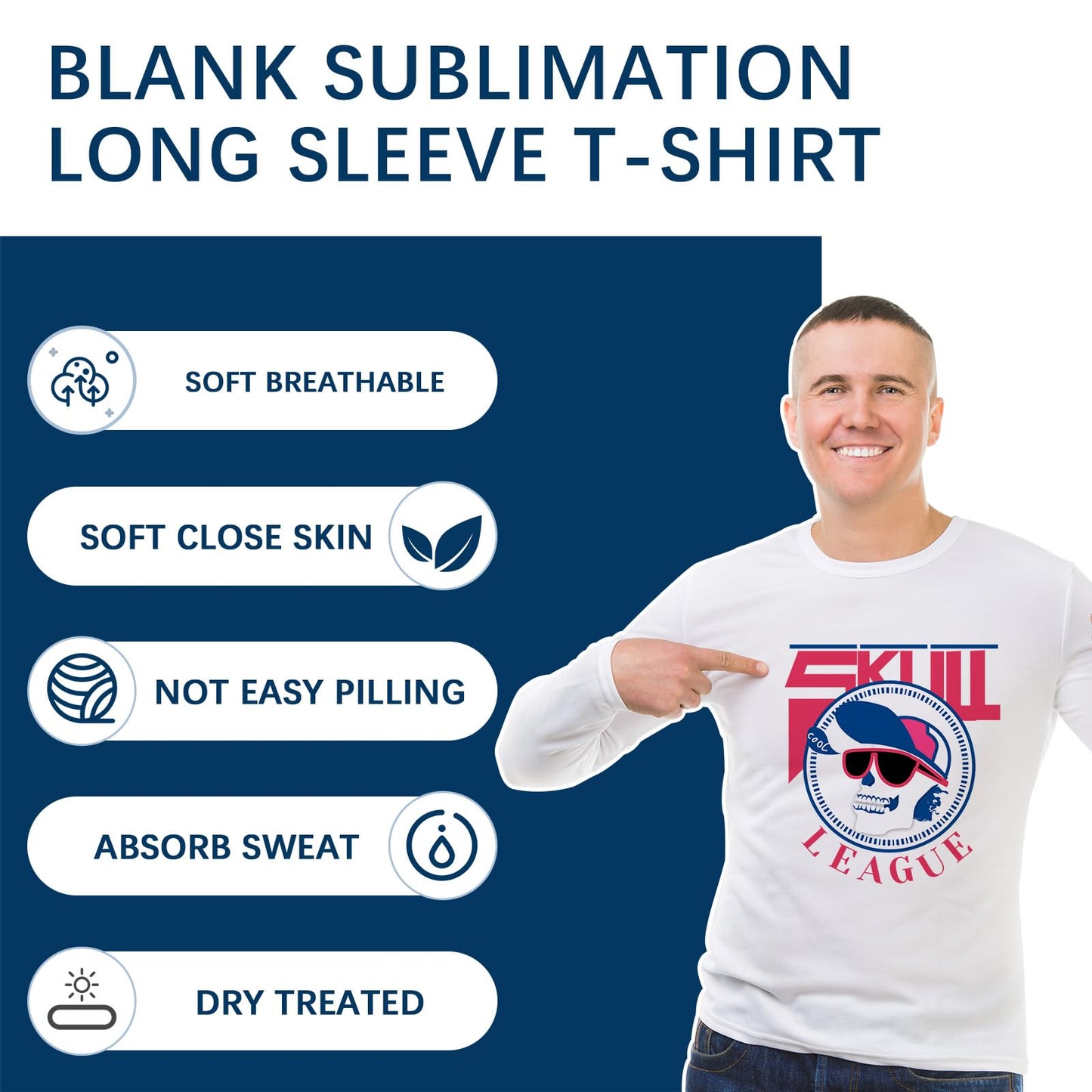 OKBA 3 PCS Sublimation Blank T-Shirts Round Collar Long Sleeves Adult White Polyester t Shirts (Large Long)