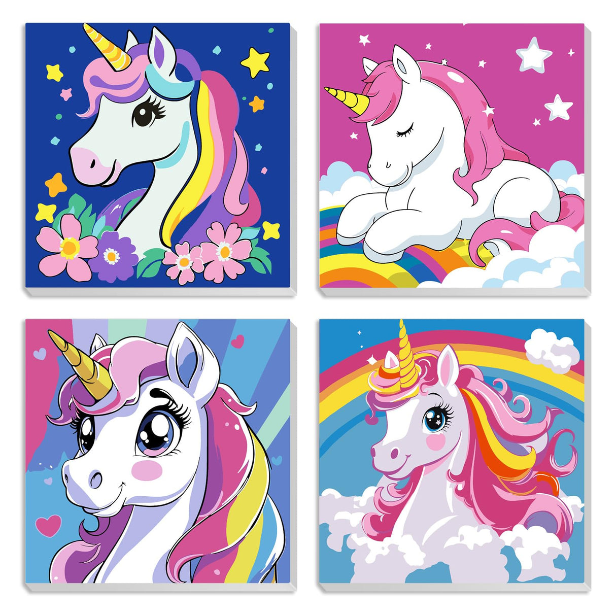 MXJSUA 4 Pack Cartoon Unicorn Paint by Numbers Kit with Framed Canvas for Kids, Rainbow Unicorn by Number Painting Kits for Ages 6-12 Kids, Acrylic Oil Paint by Number Kits for Beginners 8x8 Inch MXJSUA