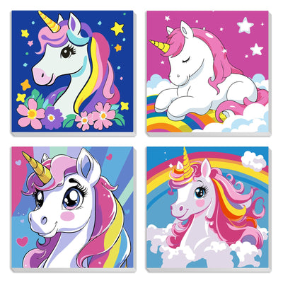 MXJSUA 4 Pack Cartoon Unicorn Paint by Numbers Kit with Framed Canvas for Kids, Rainbow Unicorn by Number Painting Kits for Ages 6-12 Kids, Acrylic Oil Paint by Number Kits for Beginners 8x8 Inch
