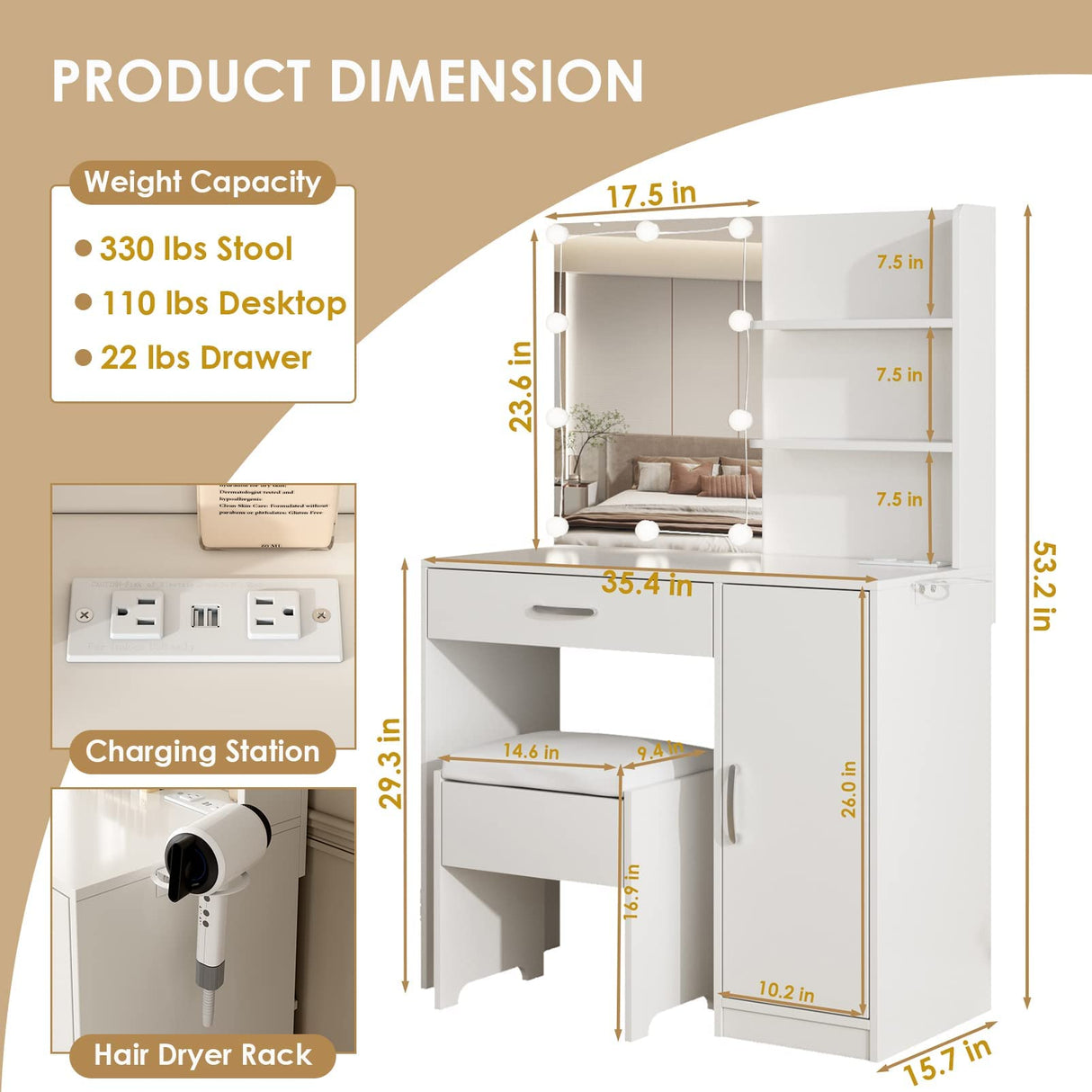 Makeup Vanity Desk with Lighted Mirror & Power Strip,Makeup Vanity Table with Lights and Lots Storage,3 Lighting Modes,35in Large Drawers Dressing Table,White Vabches