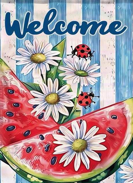 F-CANLAN Round Full Drill Diamond Painting Set, 5D DIY Welcome Diamond Painting Crafts Kit Watermelon Daisy Diamond Painting with Gem for Adult Children Paint with Diamonds Room Decor (12X16 inches) F-CANLAN