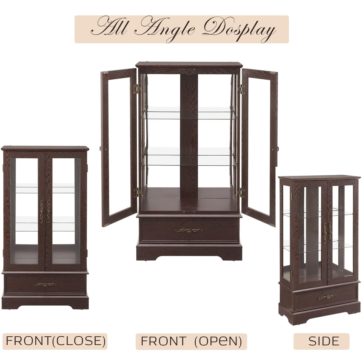 CKEASEAN Curio Cabinet 47" H Vintage Glass Display Cabinet with 3-Tier Adjustable Glass Shelves, Acrylic Mirrored Back Pane, Light Blub Included, China Cabinet for Living Room (Dark Cherry) CKEASEAN