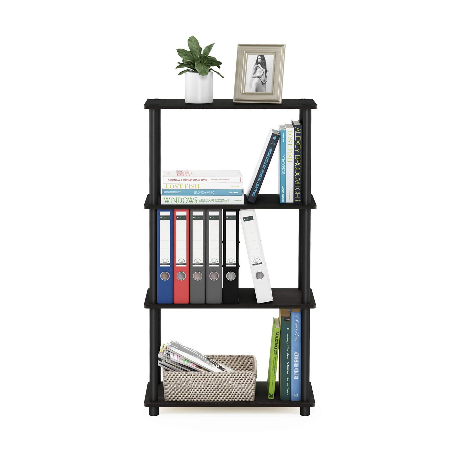 Furinno (99557EX/BK) Turn-N-Tube 4-Tier Multipurpose Shelf Display Rack - Espresso/Black