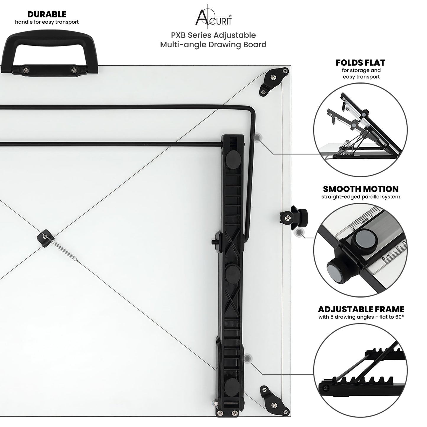 Acurit PXB 20” x 26” Drawing Board for Artists and Designers - Portable Workspace for Drawing, Sketching, Drafting, Painting - Multi-Angled Laminated Surface with Ruler and Parallel Motion Bar