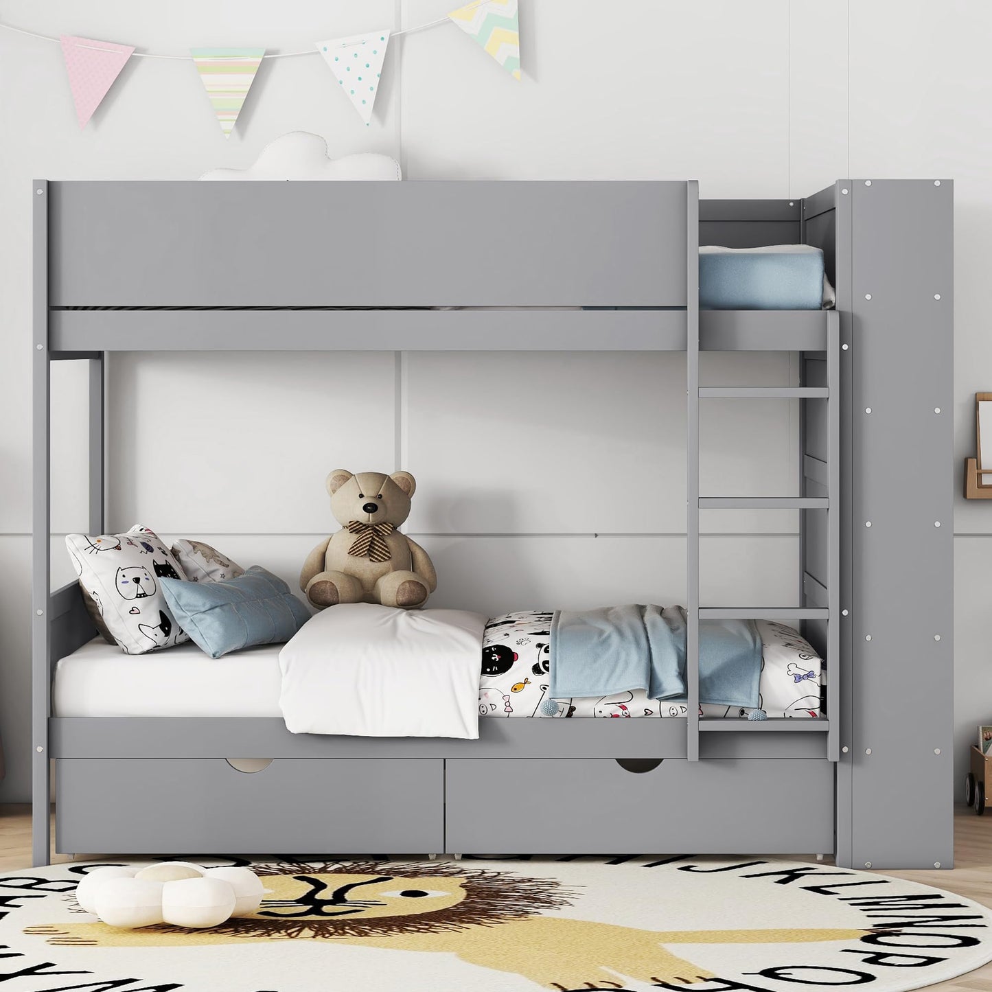 Harper & Bright Designs Twin Over Twin Bunk Bed with Storage, Wood Bunk Bed Frame with 2 Drawers and Multi-Layer Cabinet, Gray