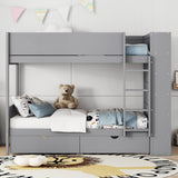 Merax Bunk Bed Twin Over Twin, Bunk Bed with Storage Bookcase, Wood Bunk Bed Frame with 2 Drawers and Multi-Layer Cabinet, Gray Merax
