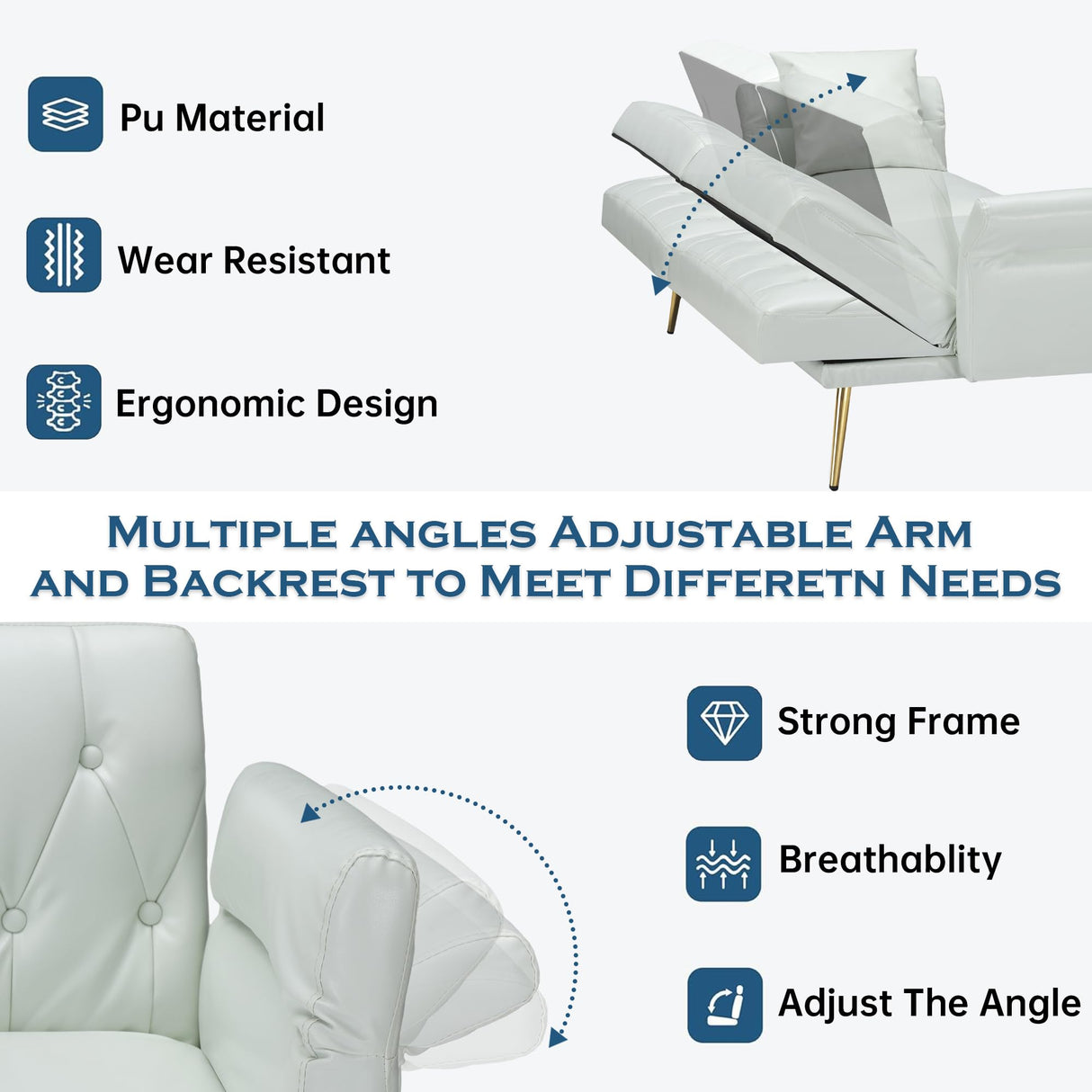 Ball & Cast 61.4"/67.71" Faux Leather Upholstered Sleeper Sofa Bed,Convertible Loveseat Couch w/Pillow&Adjustable Arm&Back,Button Tufted Modern Futon Daybed for Apartment Office,White Ball & Cast