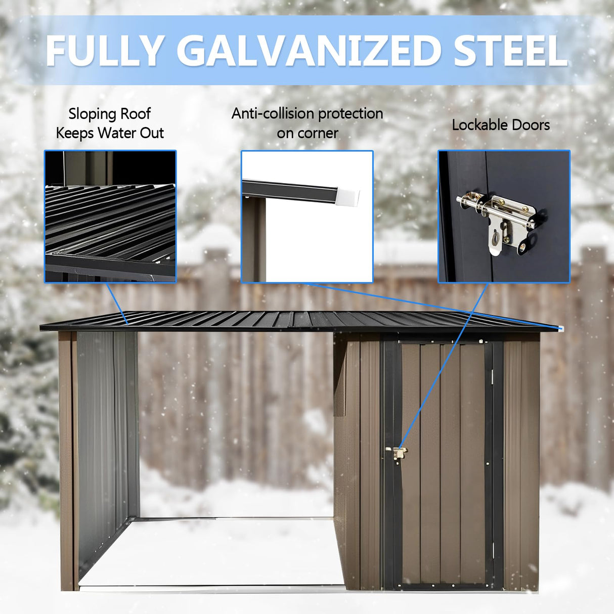 2-in-1 Metal Outdoor Storage Shed with Tool Locker & Firewood Storage, 8.75× 3.33 FT Firewood Shed - Weatherproof & Versatile, Steel Garden Sheds for Backyard Garden Patio Lawn - Brown Garden Tailor