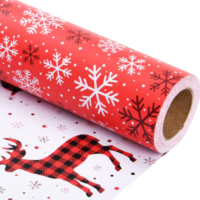 Sikiweiter Christmas Wrapping Paper Rolls -Mini Roll 17 Inch X 33 Feet - Reversible Plaid Reindeer and Snowflake Design Wrapping Paper(Christmas)