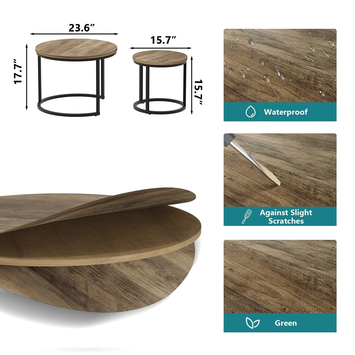 Smuxee Nesting Coffee Table Set of 2, 23.6" Round Coffee Table Wood Grain Top with Adjustable Non-Slip Feet, Industrial End Table Side Tables for Living Room Bedroom Balcony Yard Smuxee
