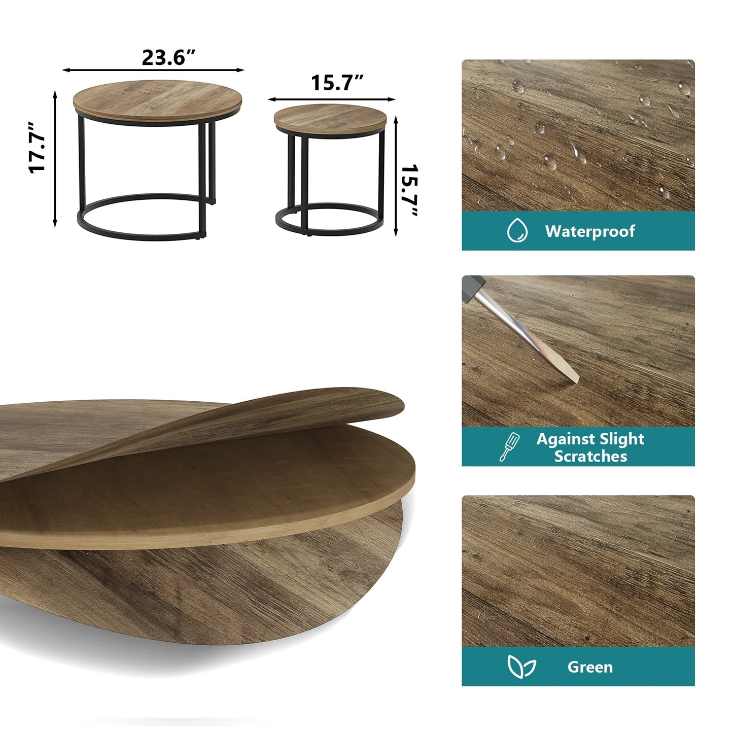 Smuxee Nesting Coffee Table Set of 2, 23.6" Round Coffee Table Wood Grain Top with Adjustable Non-Slip Feet, Industrial End Table Side Tables for Living Room Bedroom Balcony Yard - WoodArtSupply