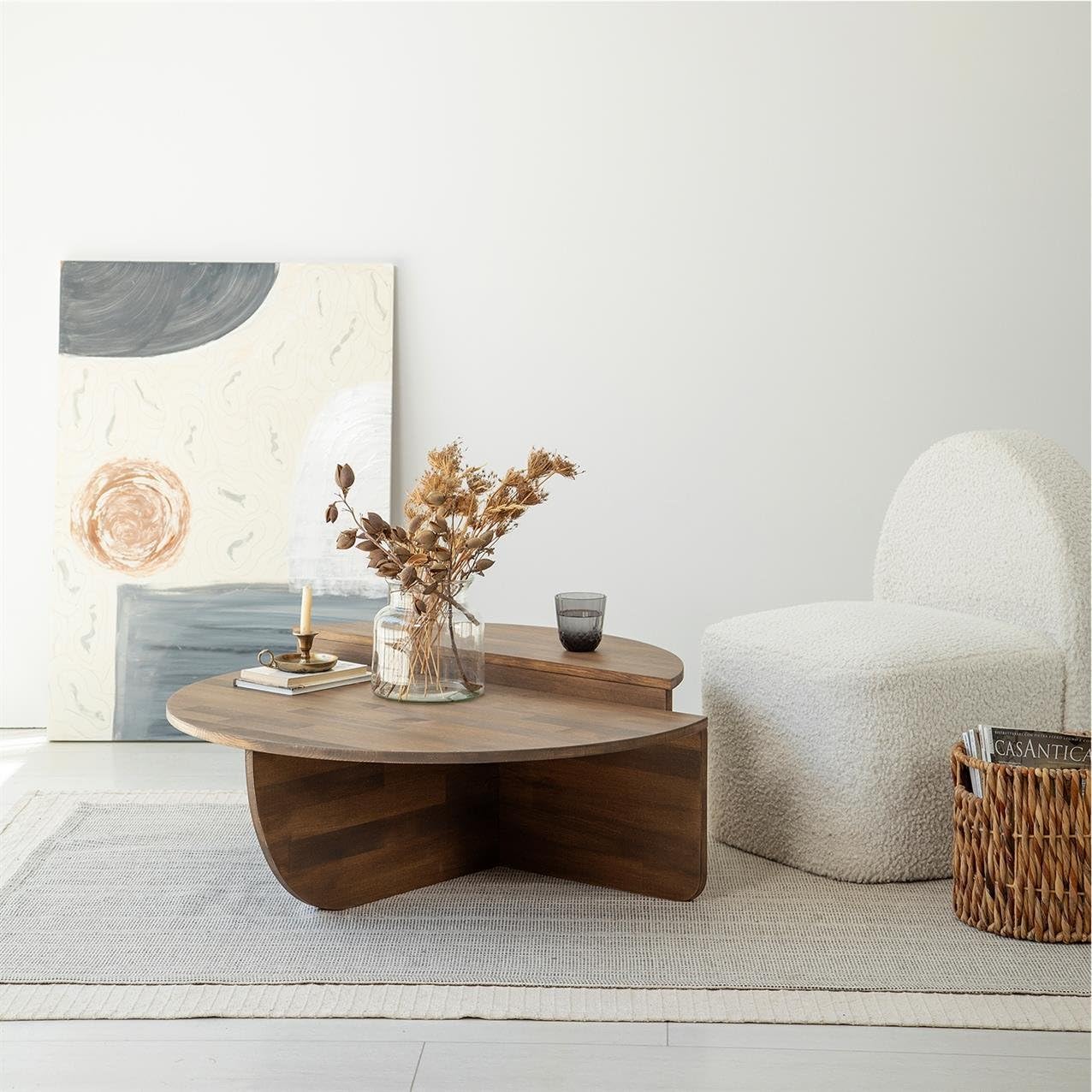 FAWdecor Modern Solid Wood Coffee Table, Round Wood Center Table, Unique Nesting Coffee Tables, Mid Century Aesthetic Low Coffee Table (Walnut) - WoodArtSupply