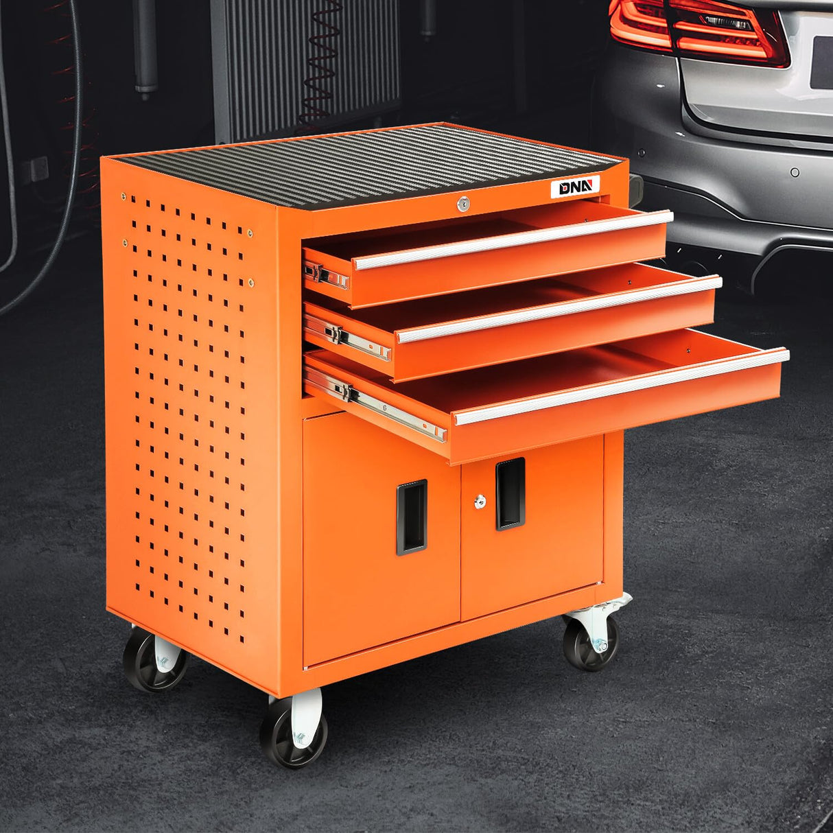 DNA MOTORING 3-Drawers Rubber Top Utility Rolling Tool Chest Cabinet with Wheels, Heavy Duty Industrial Service Cart Keyed Locking System, for Garage Warehouse Workshop, Orange, TOOLS-00405 DNA MOTORING