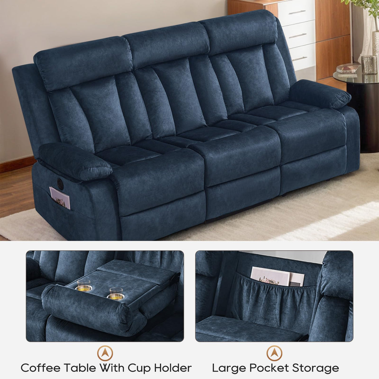 Consofa Power Reclining Sofa with Heat and Massage, Electric Reclining Couch with Drop Down Table,Cup Holders, Dual Ports, Wall Hugger Recliner Sofa for Living Room,Home Theater (Blue, Sofa) Consofa