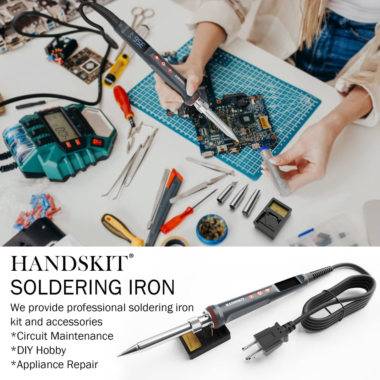 Solder Iron, 200W 110V Soldering Iron Digital Soldering Kit for Soldering, 6-in-1 Solder Iron Kit Welding Tool, Adjustable Temperature from 180 to 480℃, 3 solder tips, Solder wire, Solder Iron Stand HANDSKIT