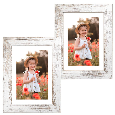 Capcillin 5x7 Picture Frame Wood Patten Distressed White Set of 2, Each Frame with Mat,Display 5x7 Picture Without mat or 4x6 Photos with Mat Wall Decor Table Top(CP001-MD5x7RW) Capcillin