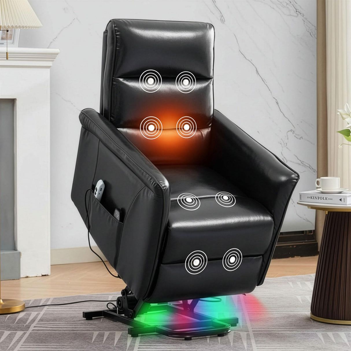 MANBUR Power Lift Recliner for Elderly with Vibration Massage and Lumbar Heat, Electric PU Leather Lift Chair, Adjustable Reclining Chair with Side Pockets,LED Light,USB Port for Small Space(Black) MANBUR