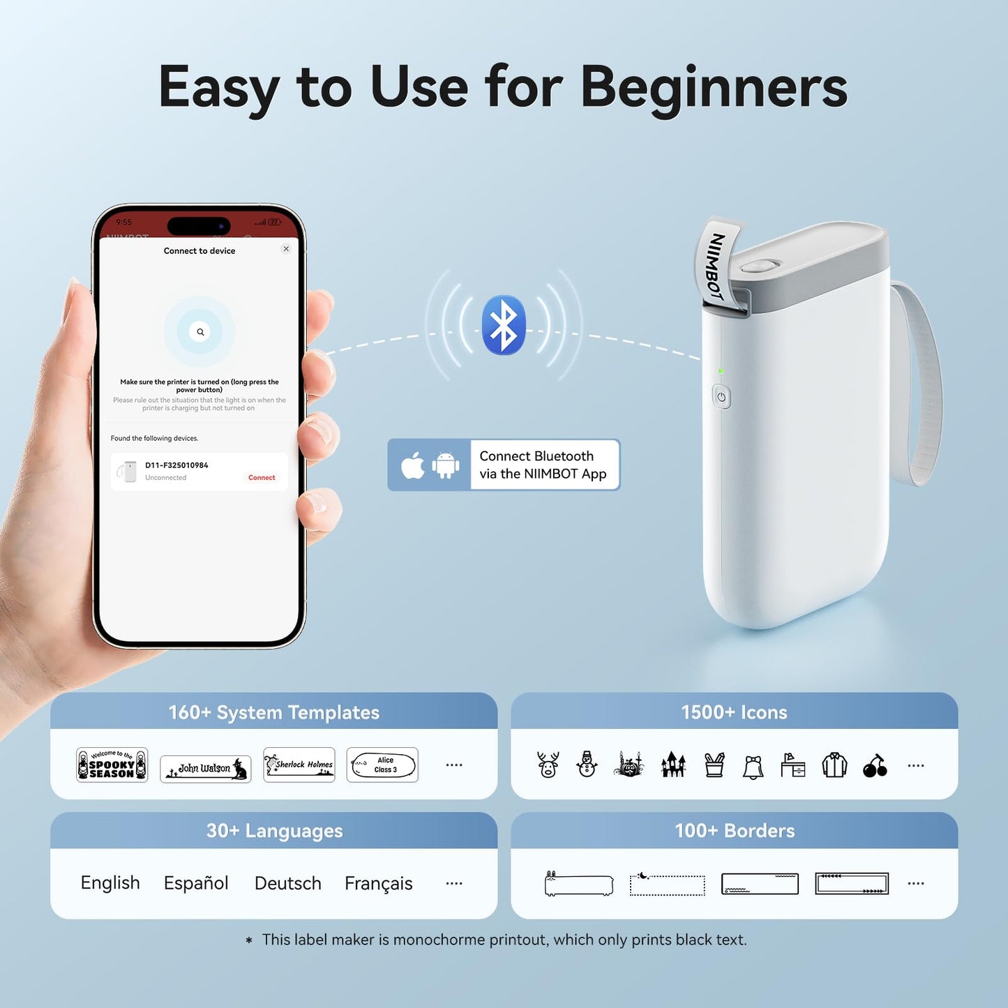 NIIMBOT Label Maker Machine D11 Label Printer Tape Included Portable Wireless Connection Multiple Templates Available for Phone Easy to Use Office Home Organization USB Rechargeable