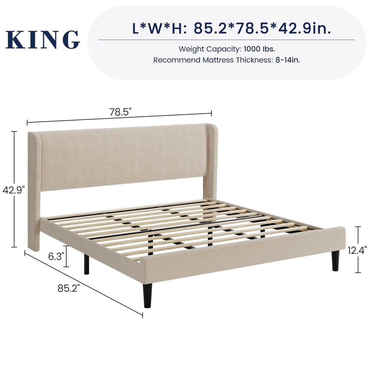 GarveeHome Upholstered King Bed Frame with Wingback Headboard, Velvet Upholstery Platform Bed, No Box Spring Needed, Wood Slats Support, Easy Assembly, Beige GarveeHome