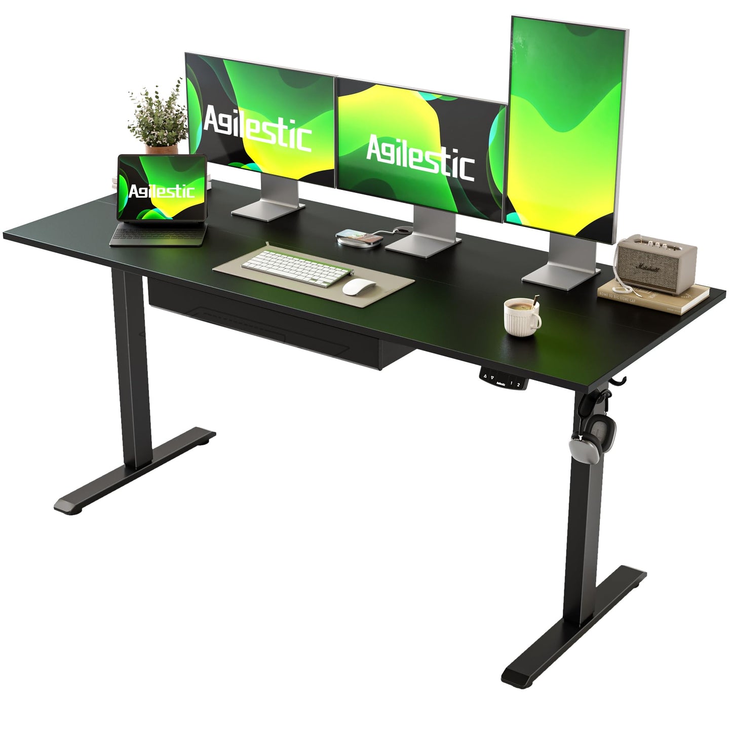 Agilestic Adjustable Height Electric Standing Desk with Storage Wooden Drawer, 63 x 24 Inches Stand Up Home Office Computer Gaming Table with Splice Board for Work Office Home, Black